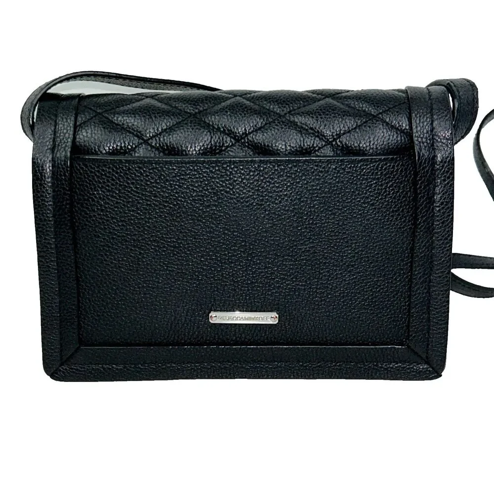 Rebecca Minkoff Black Quilted Front Flap Pebbled Leather Crossbody Bag Silver HW